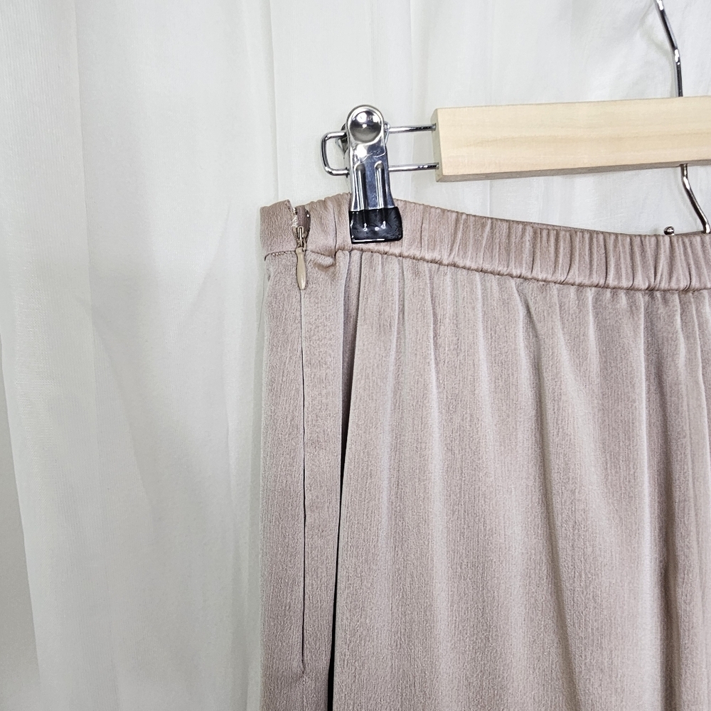 St. John Evening Wide-Leg Silk Satin Chiffon Layered Side Slit Trousers Taupe 8 - Picture 8 of 12